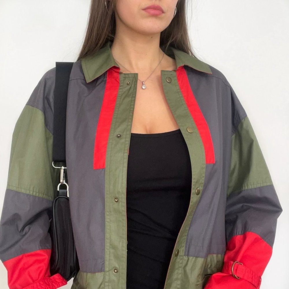 Vintage Grace Bros windbreaker contrast jacket khaki/ red, size M - Picture 3 of 5